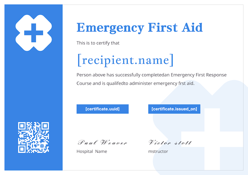 Emergency First Aid Training Certificate Template Template Preview