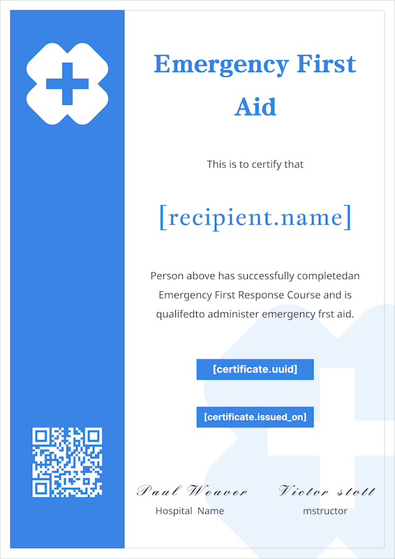 Medical First Aid Completion Certificate Design