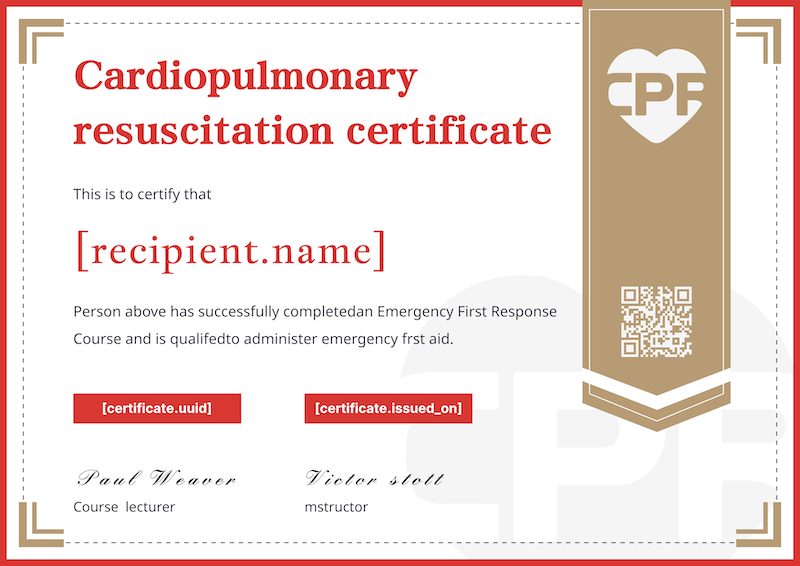 CPR Cardiopulmonary Resuscitation Certificate Template Preview
