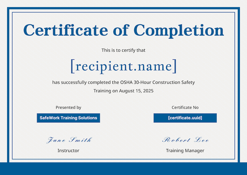 OSHA Training Certificate of Completion Template