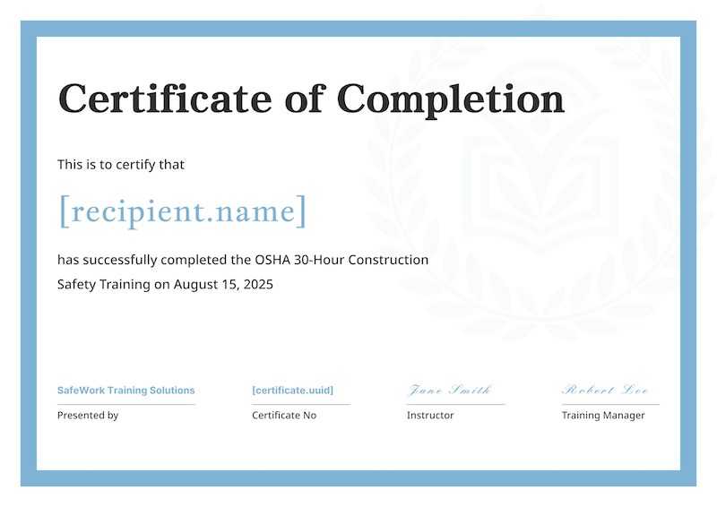 Clean Blue Border Safety Training Completion Certificate Template Preview