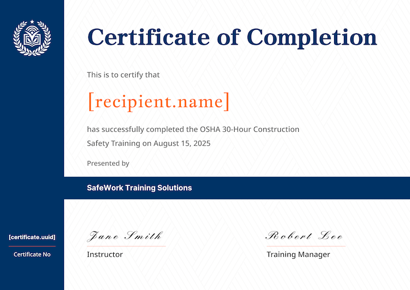 Navy Blue Sidebar Safety Completion Certificate Template Preview
