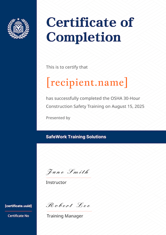 Modern Navy Panel Training Certificate with Emblem Template Preview