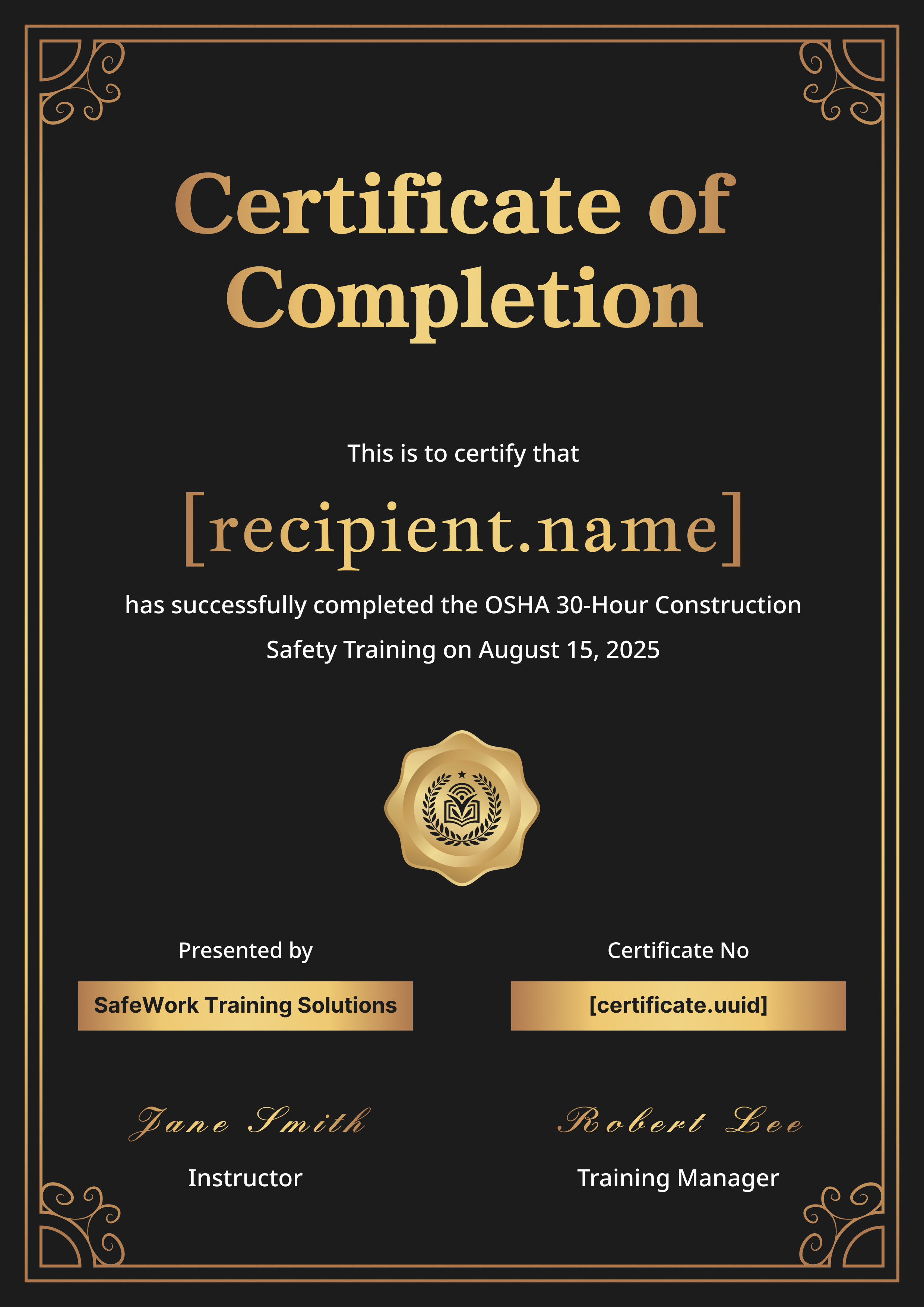 Premium Black Gold Ornate Completion Certificate Template Preview