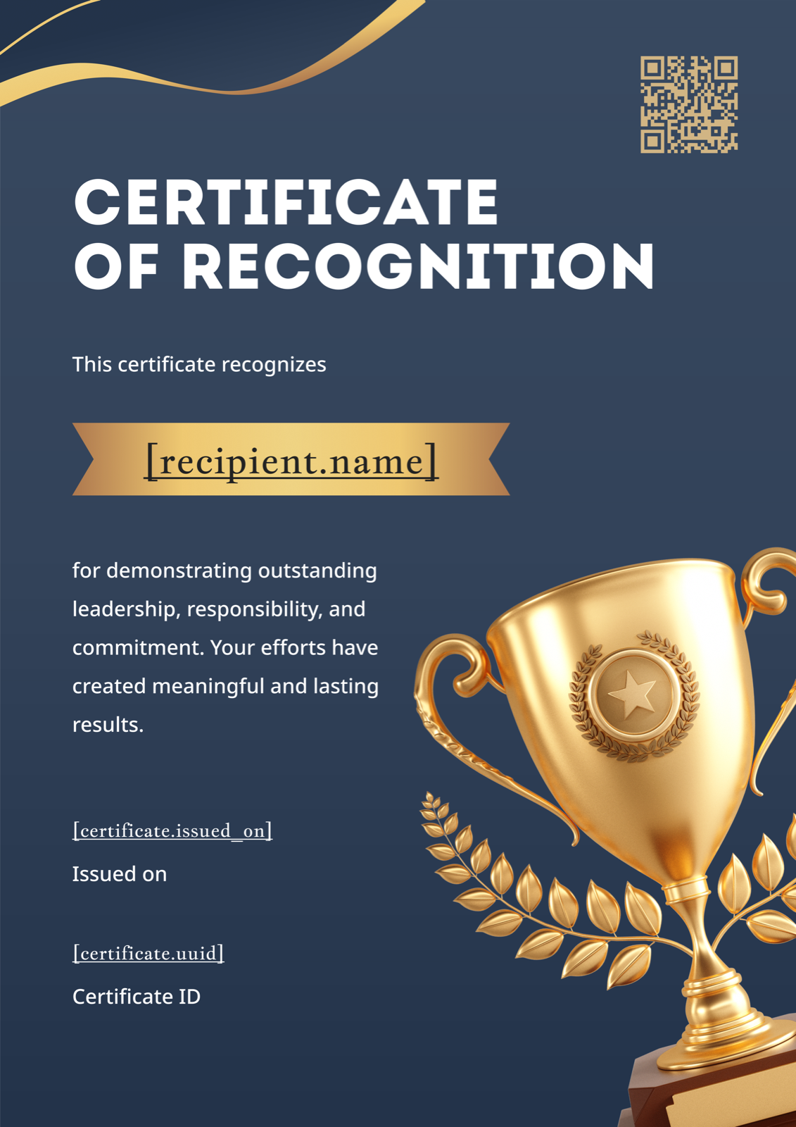 Navy Blue Gold Trophy Portrait Leadership Certificate Template Preview