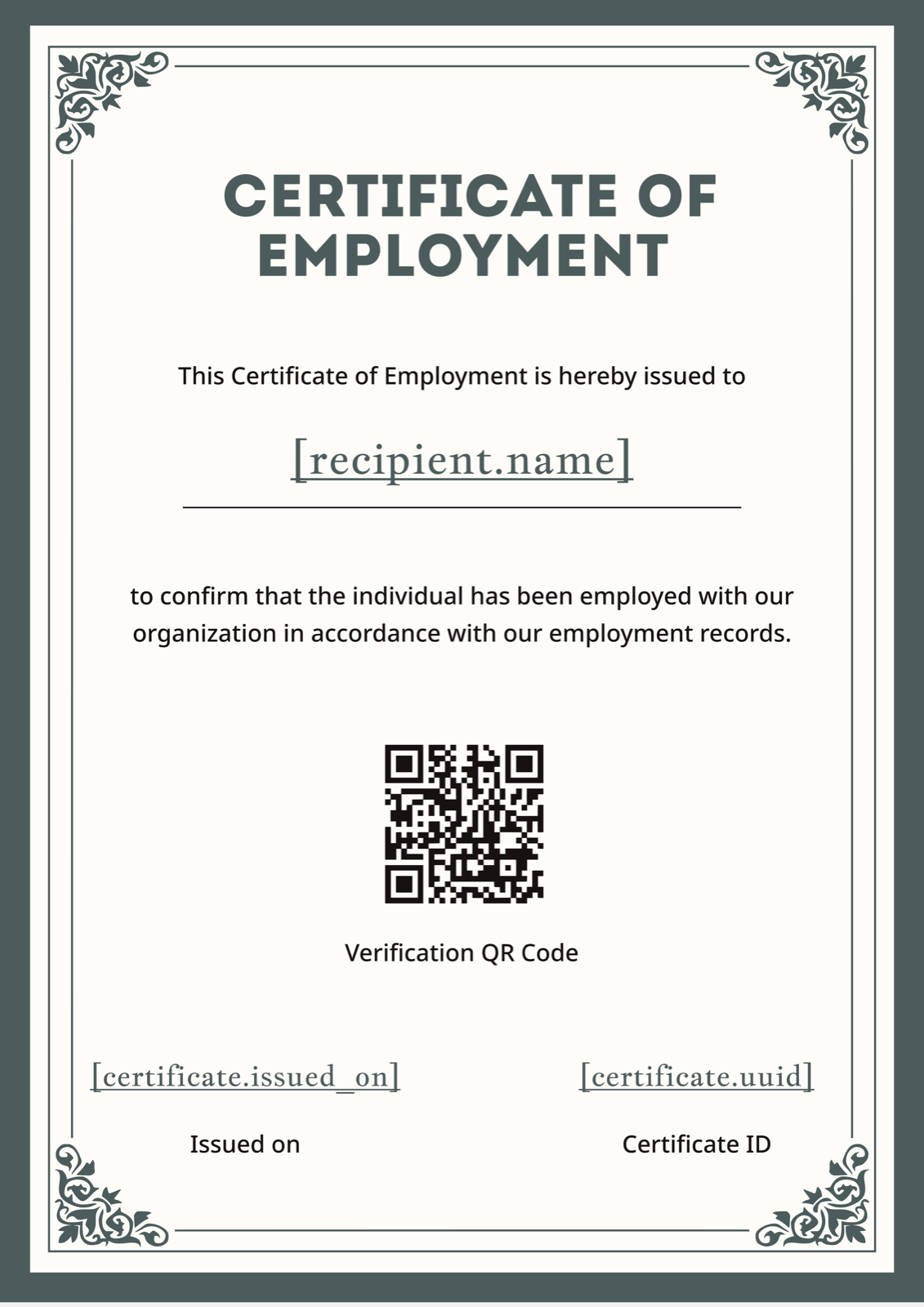 Classic Ornate Border Portrait Certificate of Employment webinar certificate template