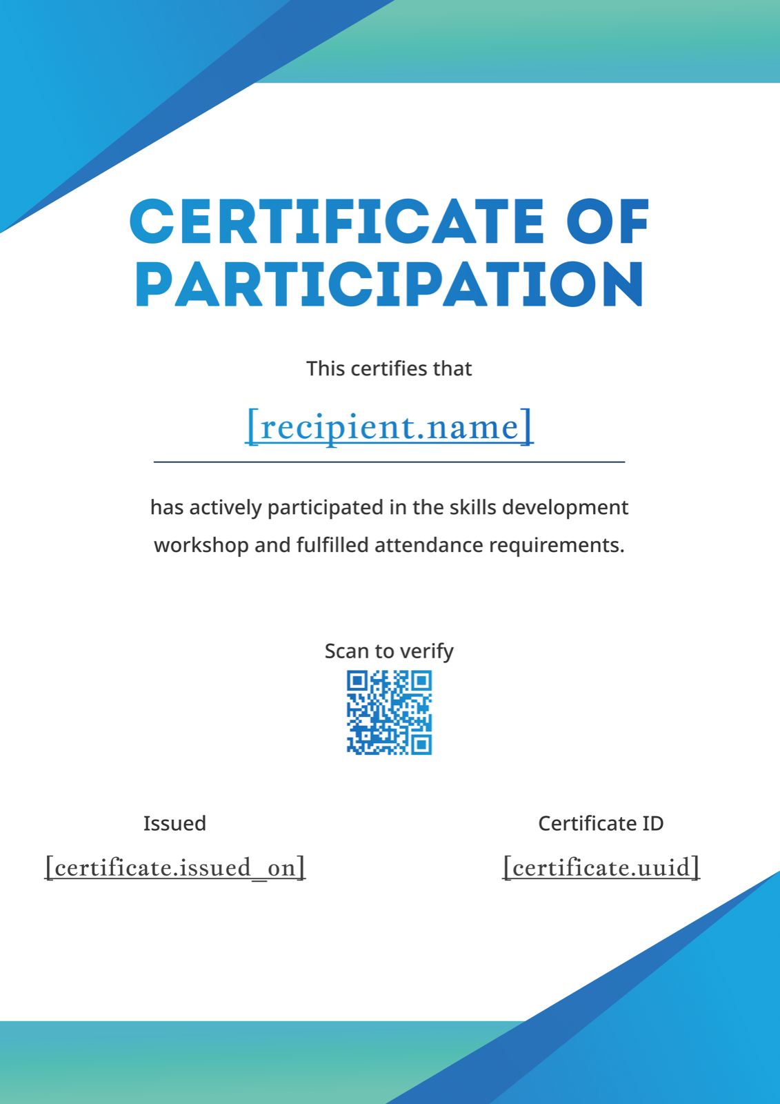 Teal Green Geometric Corner Portrait Participation Certificate