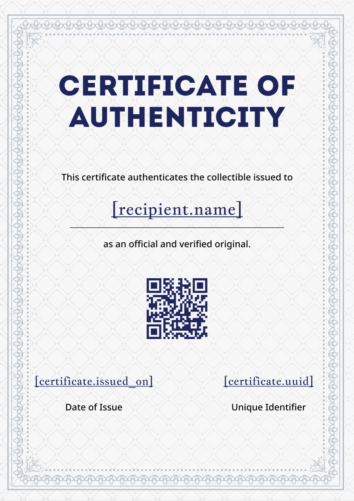 Classic Blue Border Portrait Certificate of Authenticity Template Preview