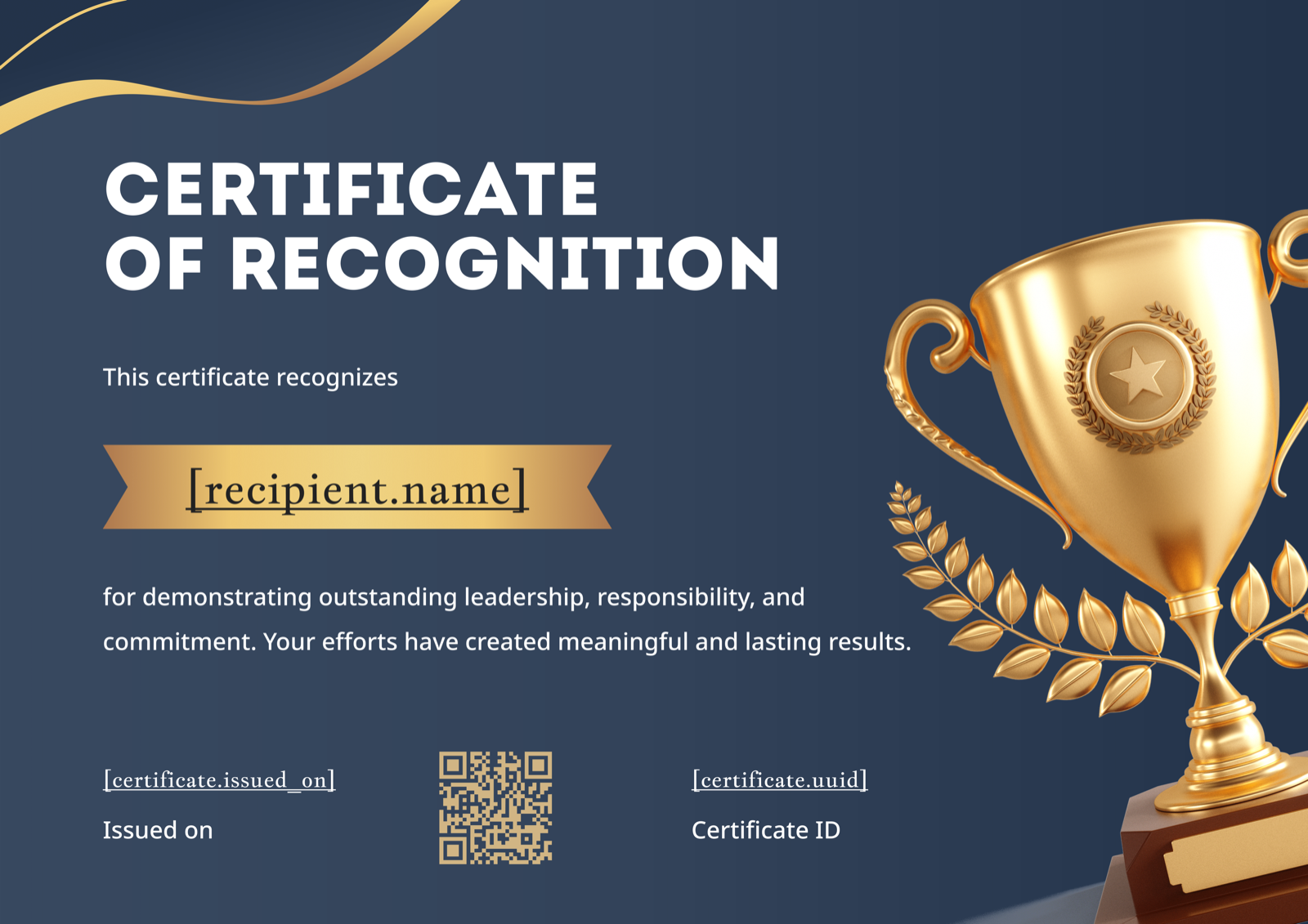 Navy Blue Gold Trophy Leadership Recognition Certificate