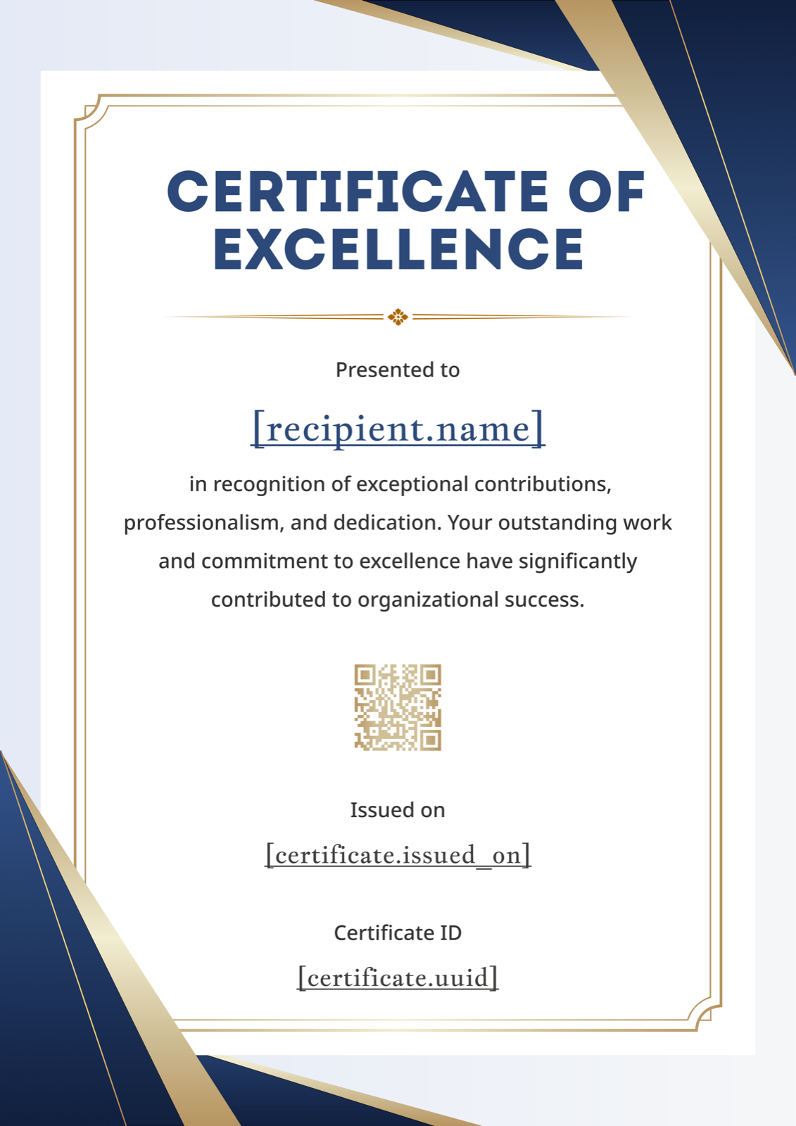 White Blue Corner Accent Portrait Excellence Certificate - certificate template