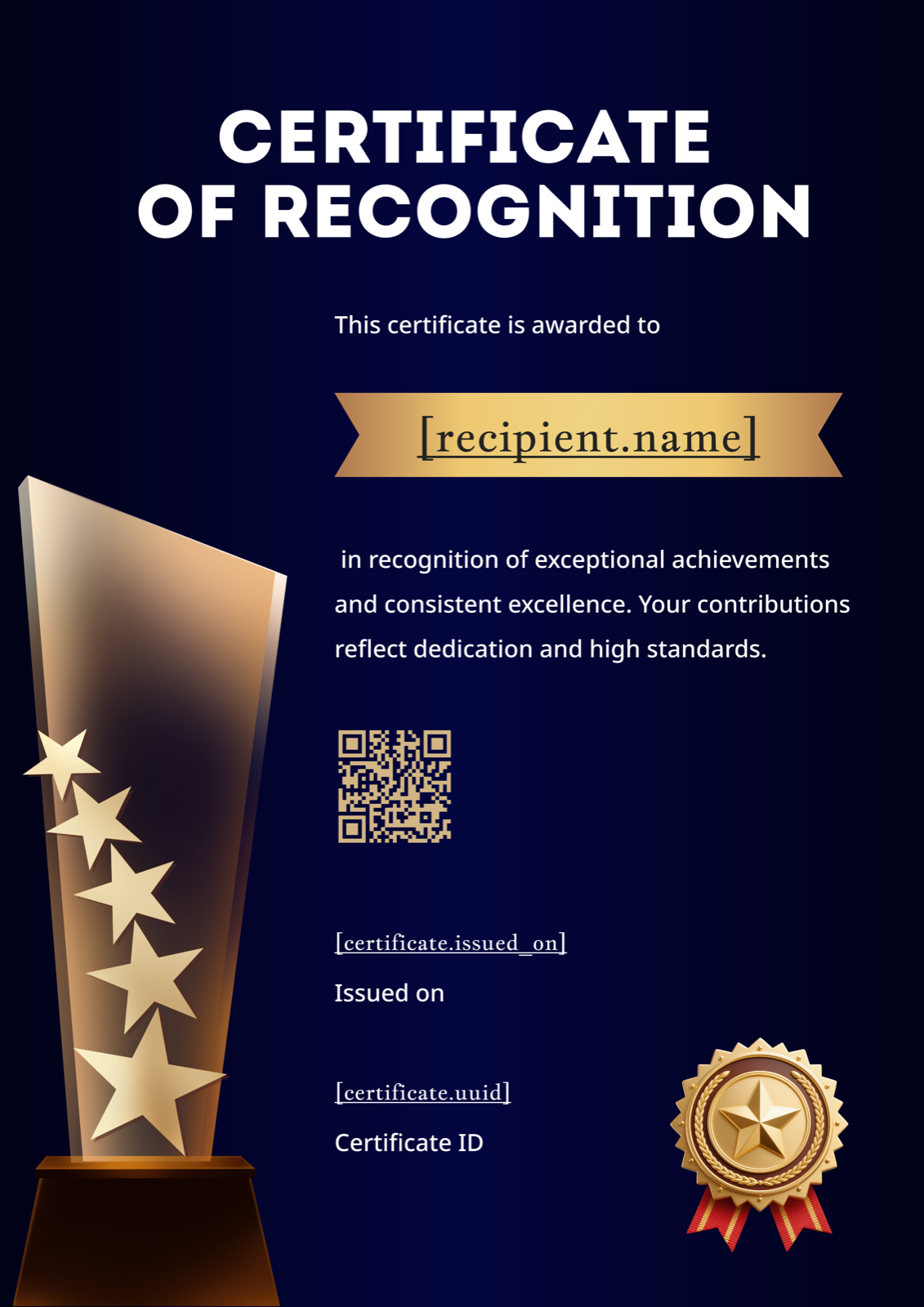 Navy Blue & Gold Portrait Trophy Award Certificate
