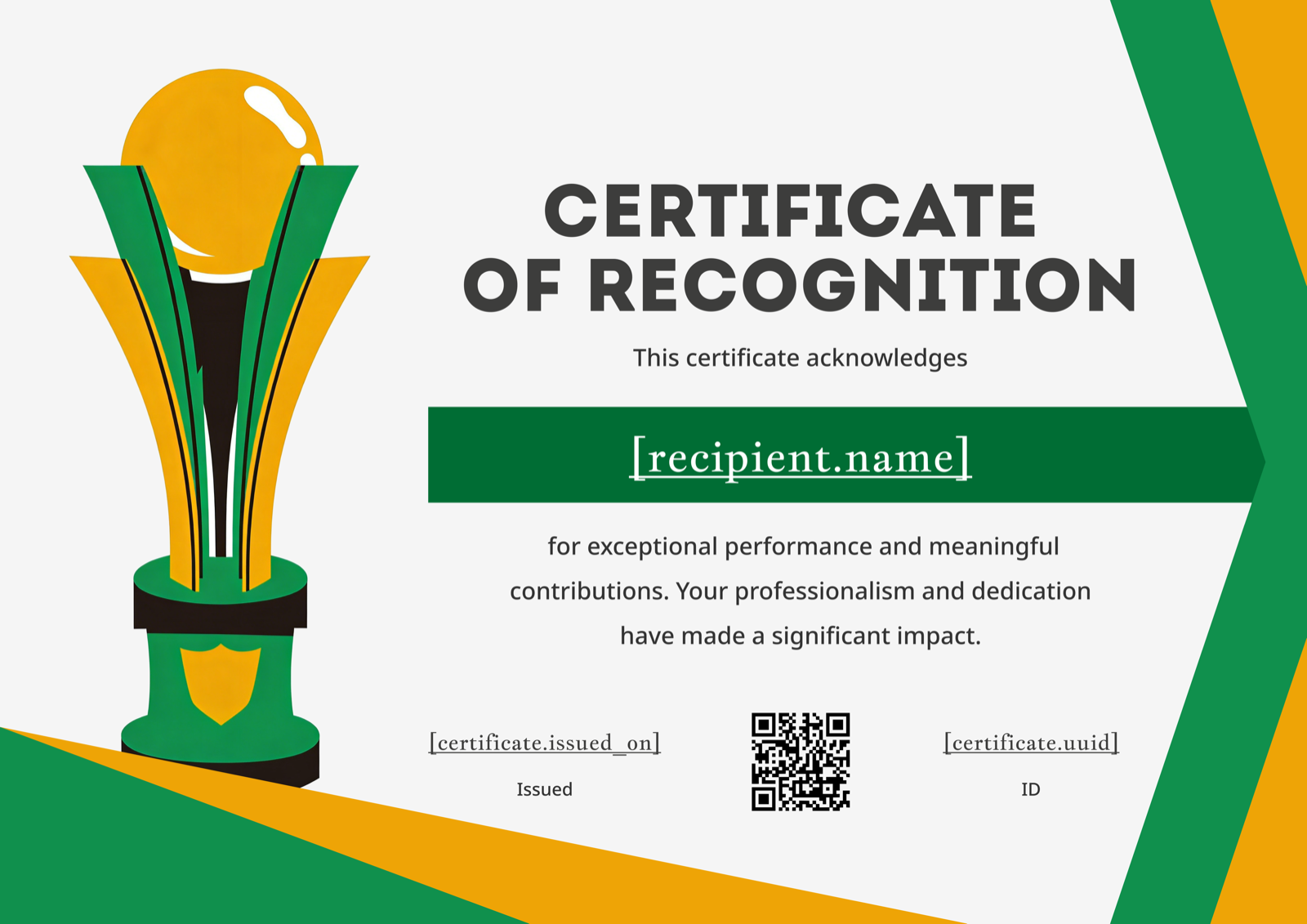 Green & Gold Trophy Recognition Certificate