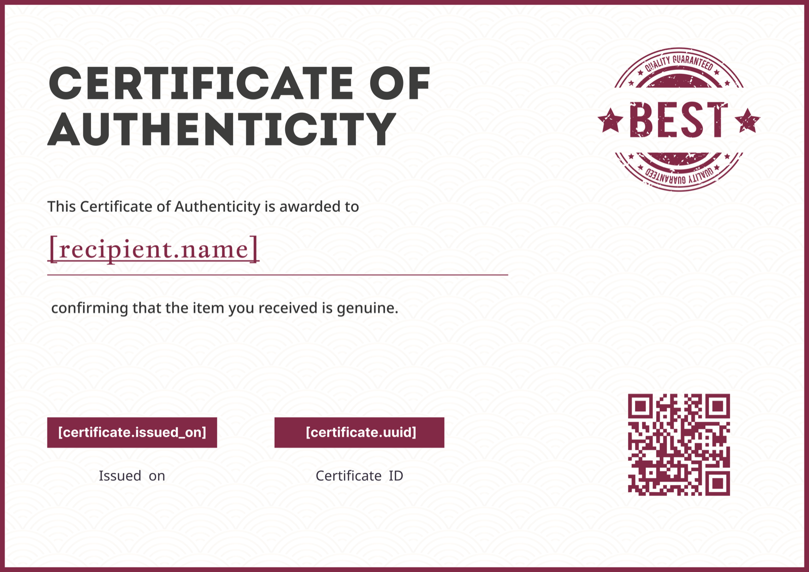 Maroon Quality Stamp Certificate of Authenticity Template Preview