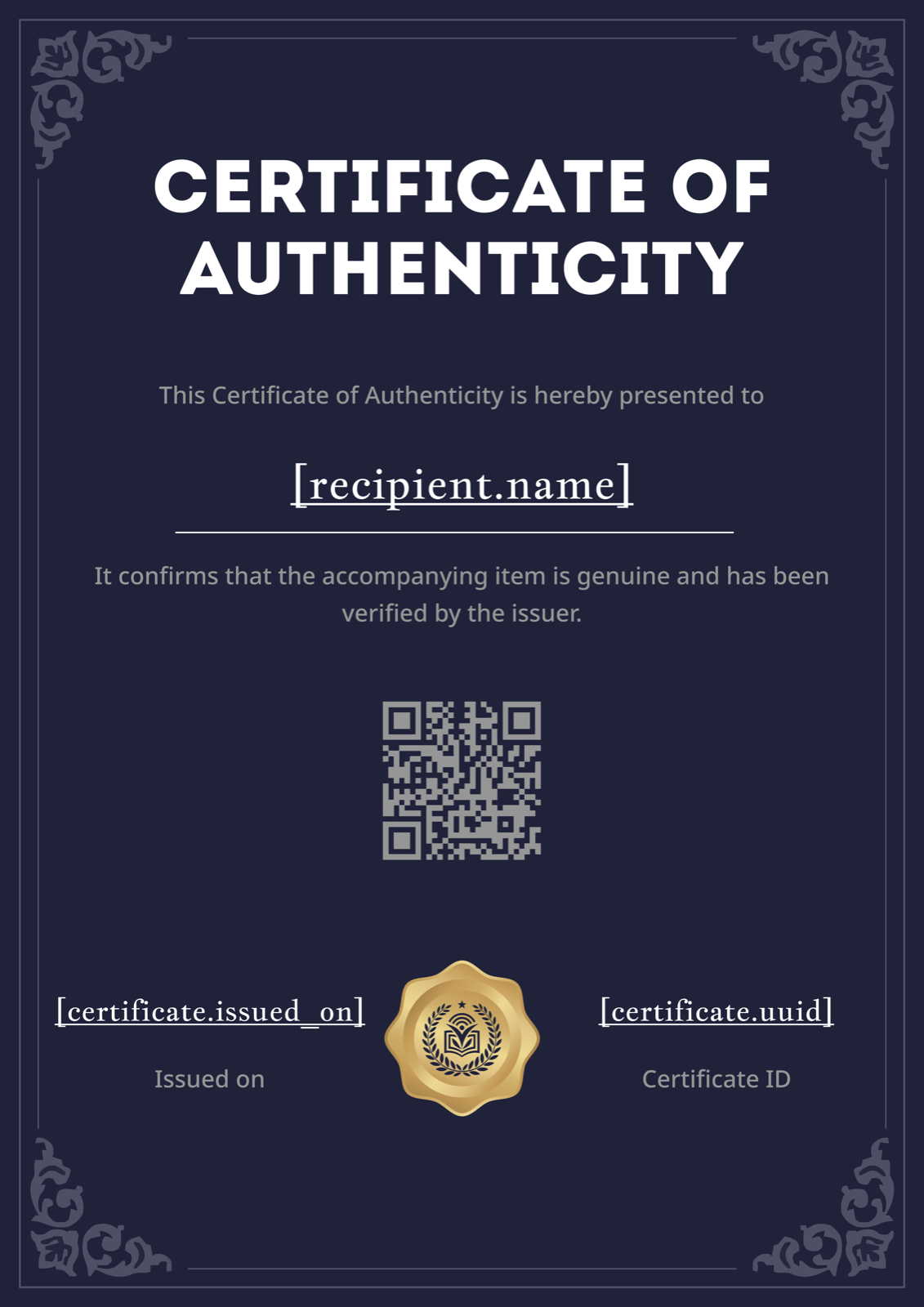 Navy Blue Portrait Certificate of Authenticity Template Preview