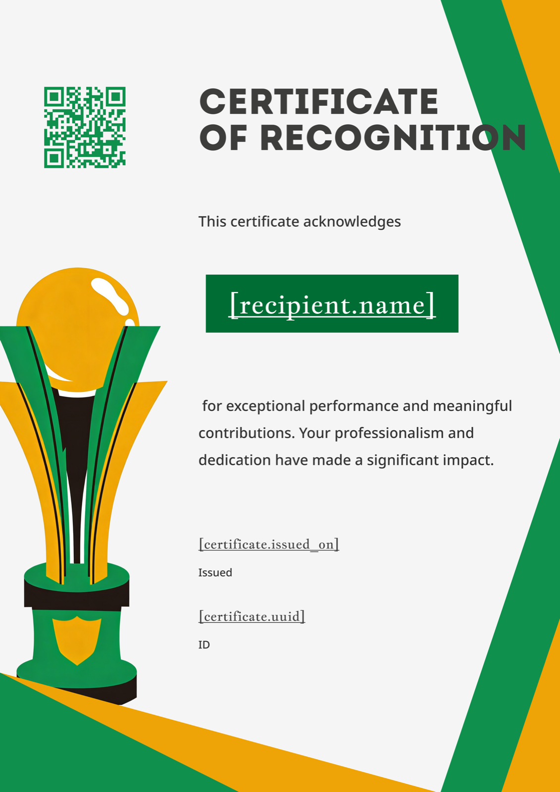 Green & Gold Portrait Trophy Recognition Certificate Template Preview