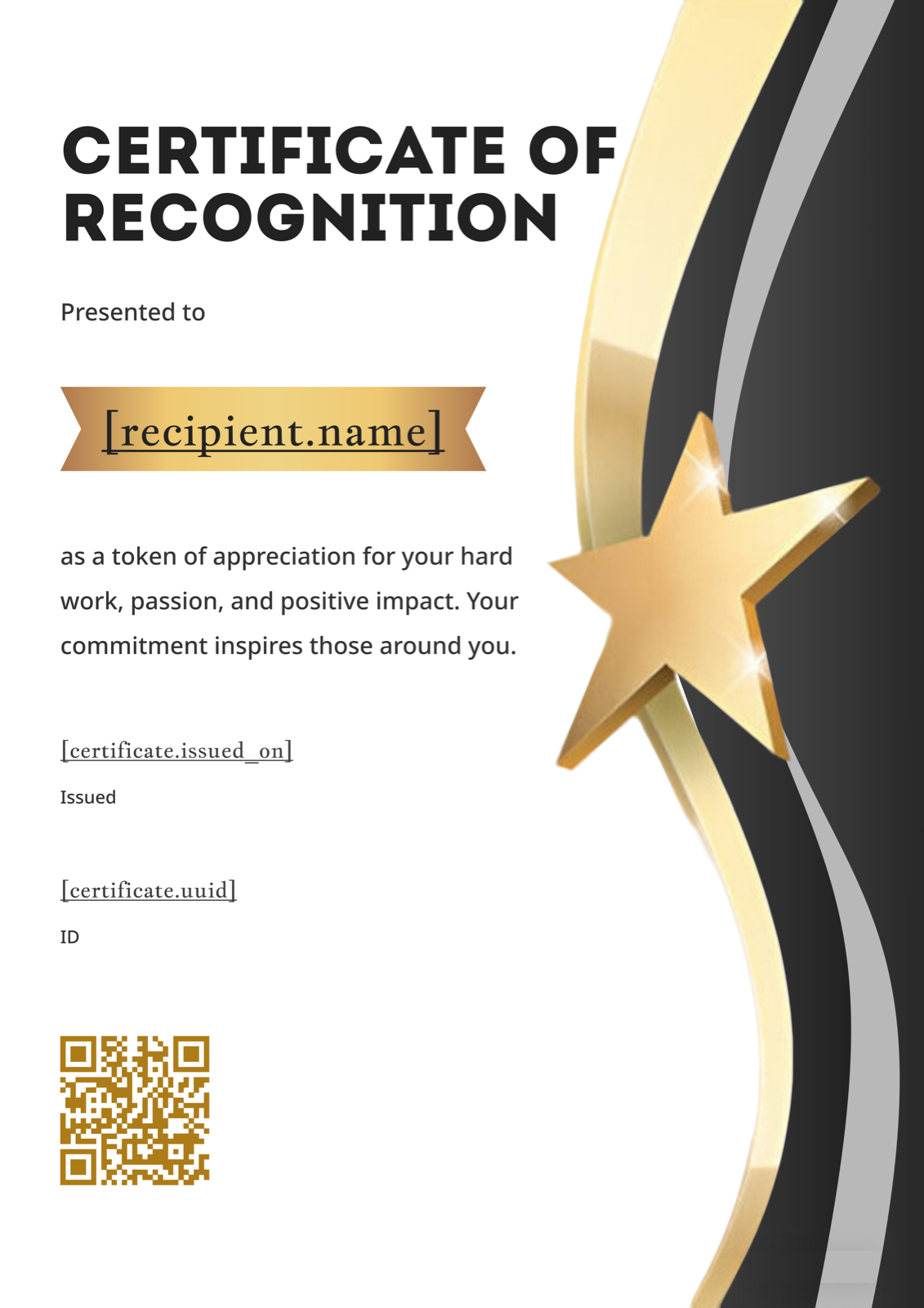 Black & Gold Star Portrait Recognition Certificate