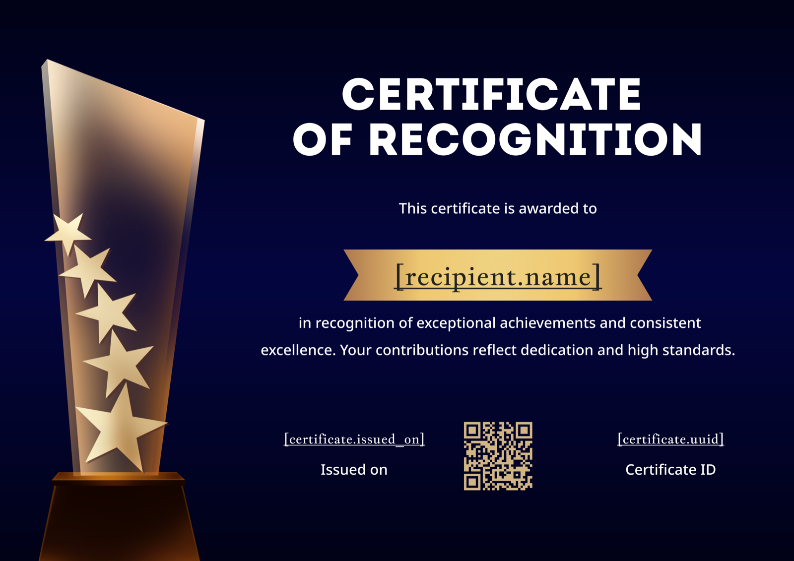 Navy Blue & Gold Trophy Recognition Certificate