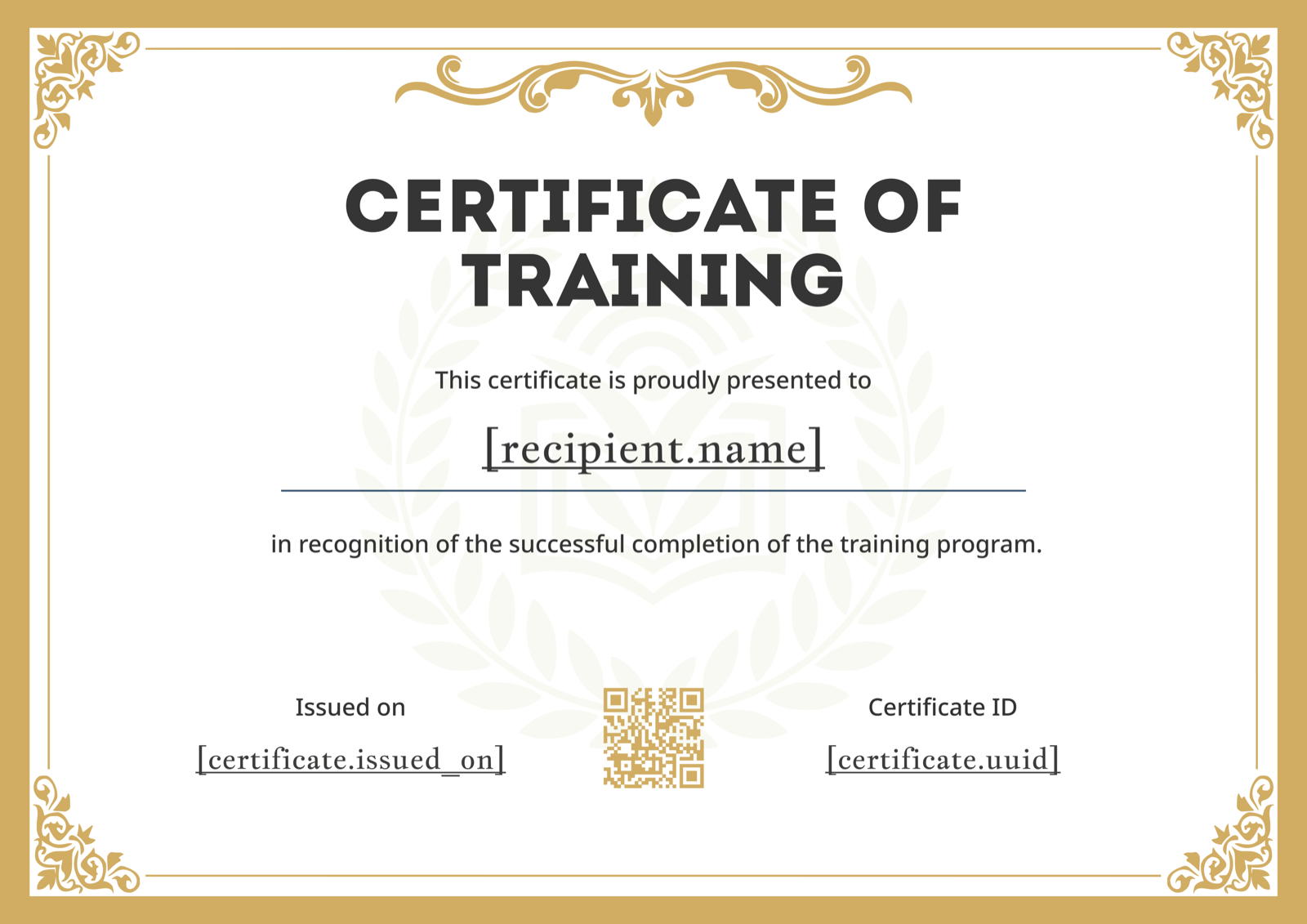 Gold Ornate Border Training Certificate Template Preview