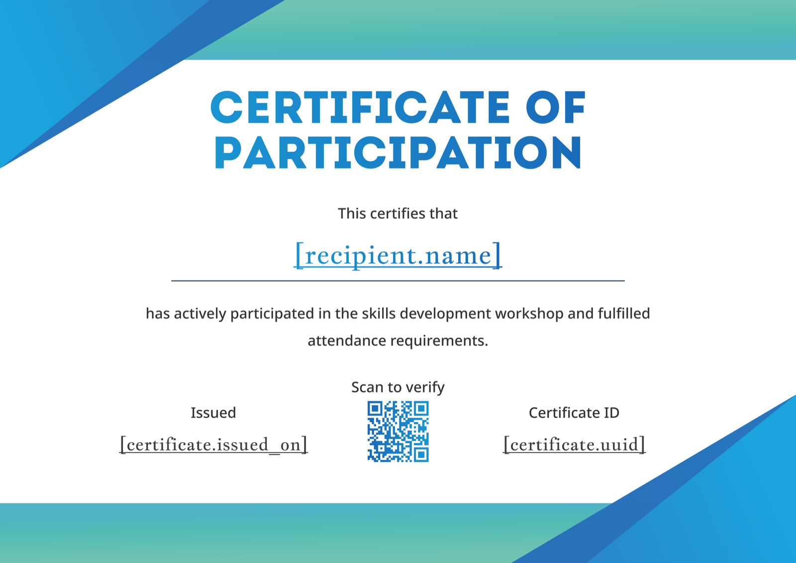Teal Green Geometric Corner Landscape Participation Certificate - certificate template