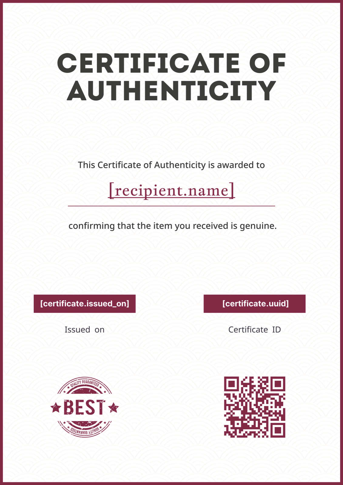 Maroon Quality Stamp Portrait Certificate of Authenticity Template Preview