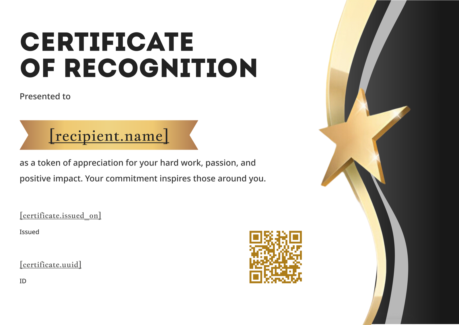 Black & Gold Star Recognition Certificate Template Preview